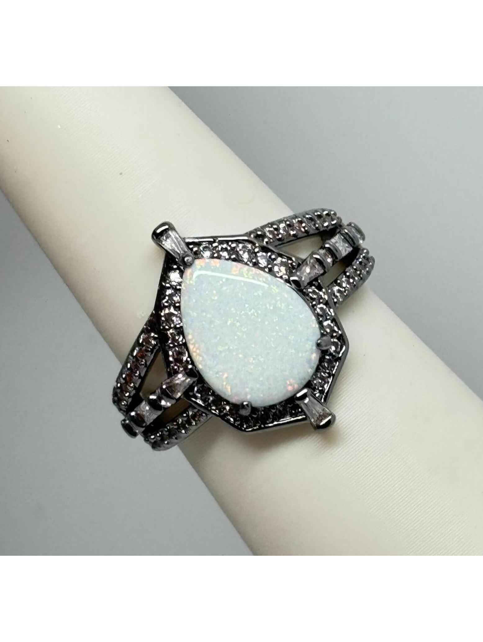 Bomb Party October Ring Sz 8 "What Sparkled Back" Milky White Opal On Hematite
